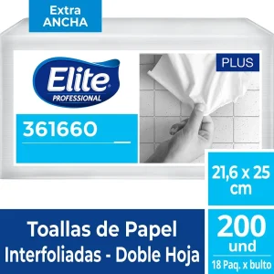 Papel Toalla Elite Interfoleado blanco extra ancha – doble hoja  x 18 paquetes de 200 unidades.  (Plus XL – 361660)