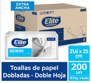 Papel Toalla Elite Interfoleado blanco extra ancha – doble hoja  x 18 paquetes de 200 unidades.  (Plus XL – 361660)