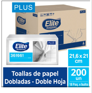 Papel Toalla Elite Interfoleado blanco – doble hoja  x 18 paquetes de 200 unidades.  (Plus – 361661)