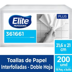 Papel Toalla Elite Interfoleado blanco – doble hoja  x 18 paquetes de 200 unidades.  (Plus – 361661)